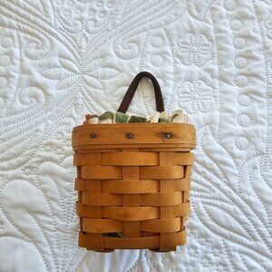 Vintage Longaberger Handwoven Mini Basket With Leather Handle Fabric Liner 1999